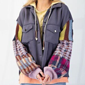 Multi-Color Patchwork Knit Sleeve Utility Jacket